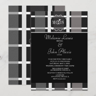 Modern Plaid Grå Svart Vit Ring Logotyp Bröllop Inbjudningar