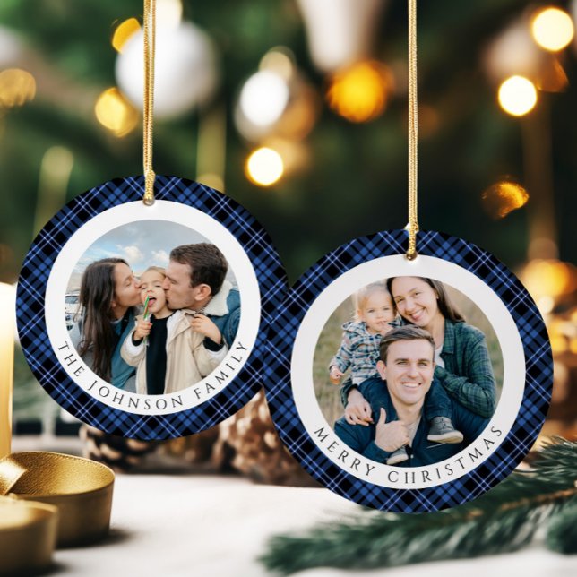 Modern Plaid Photo Christmas Julgransprydnad Keramik (Modern Plaid Photo Christmas Ceramic Ornament)