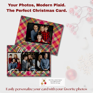 Modern Plaid Tartan 4 Photo Christmas Holiday Card Julkort