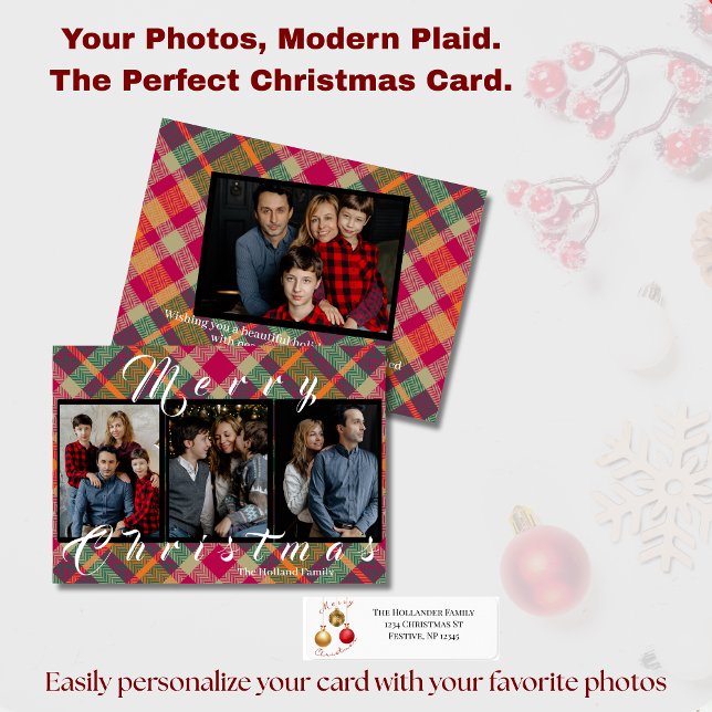 Modern Plaid Tartan 4 Photo Christmas Holiday Card Julkort (Skapare uppladdad)