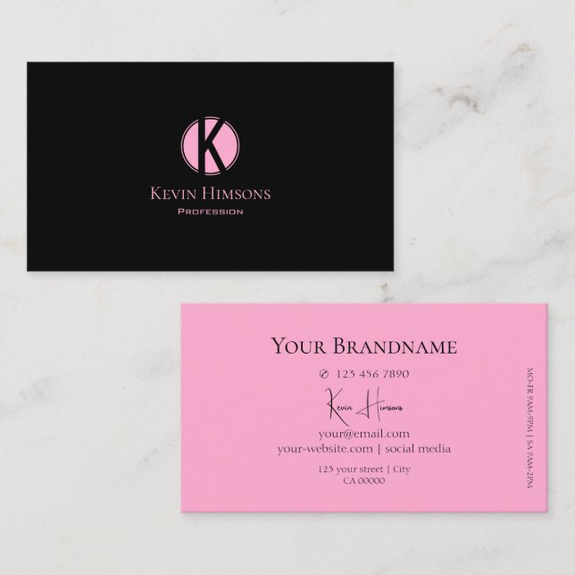 Modern Plain Black and Rosa med Monogram Simple Visitkort (Fram/baksida)