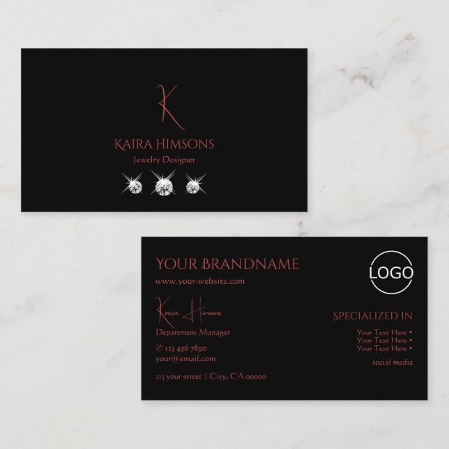 Modern Plain Black med Monogram Logotyp och diaman Visitkort (Fram/baksida)