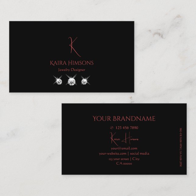 Modern Plain Black med Monogram och diamanter Visitkort (Fram/baksida)