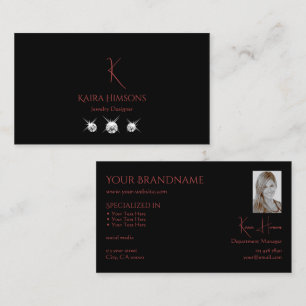 Modern Plain Black med Monogram Photo & Diamonds Visitkort