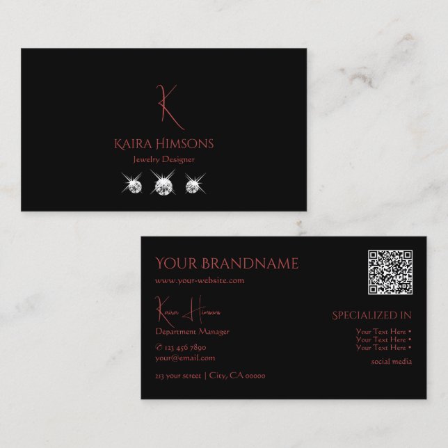 Modern Plain Black med Monogram QRCode & Diamonds Visitkort (Fram/baksida)