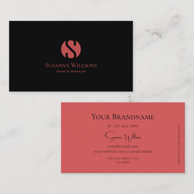 Modern Plain Black och Indian Red med Monogram Visitkort (Fram/baksida)