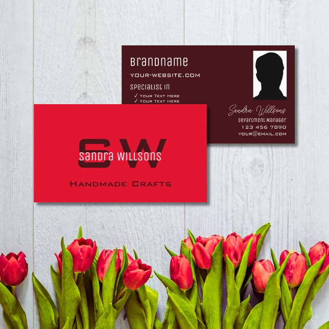 Modern Plain Red Burgundy med Monogram och Photo Visitkort (Skapare uppladdad)