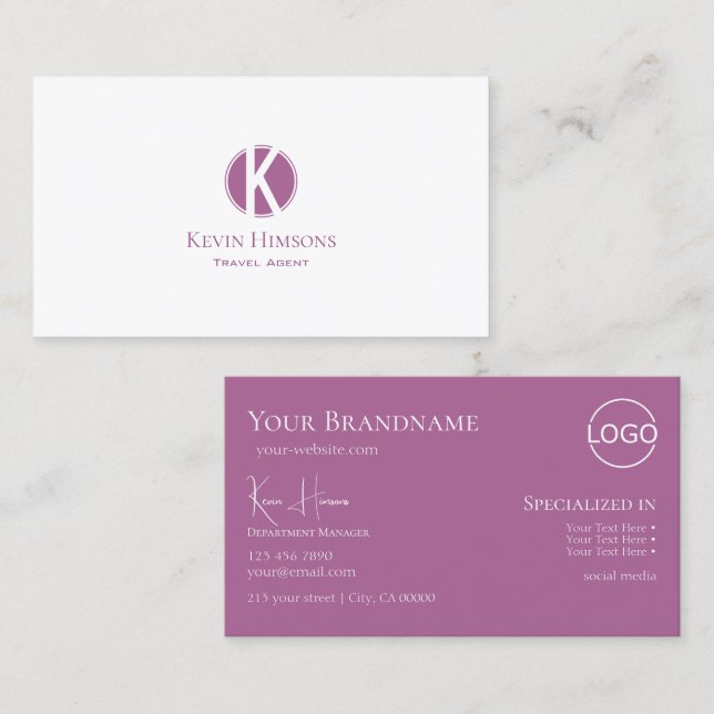 Modern Plain White Lilac med Monogram och Logotyp Visitkort (Fram/baksida)