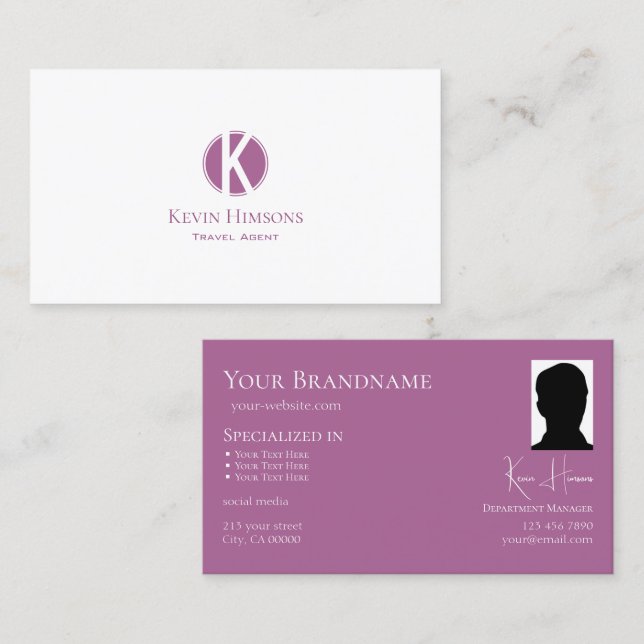 Modern Plain White Lilac med Monogram och Photo Visitkort (Fram/baksida)