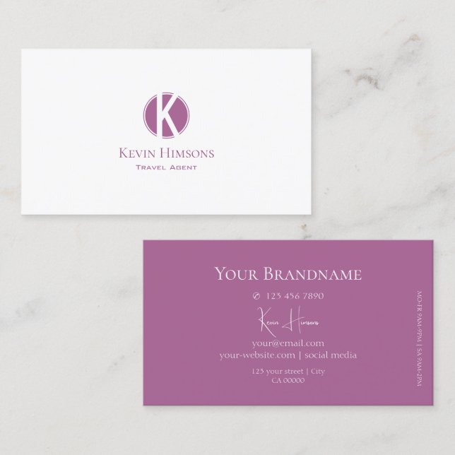 Modern Plain White och Lilac med Monogram Snyggt Visitkort (Fram/baksida)