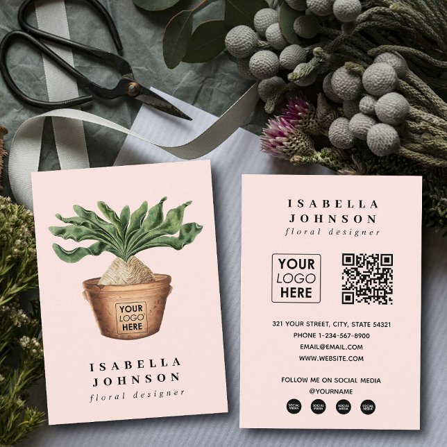 Modern Plant Logotyp Rosa QR Code Social Media Visitkort (Modern Plant Logo Pink QR Code Social Media Business Card)