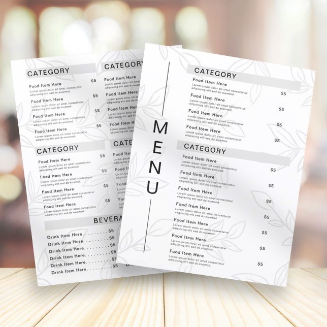 Modern Plant Löv Black & White Restaurant Menu (Skapare uppladdad)
