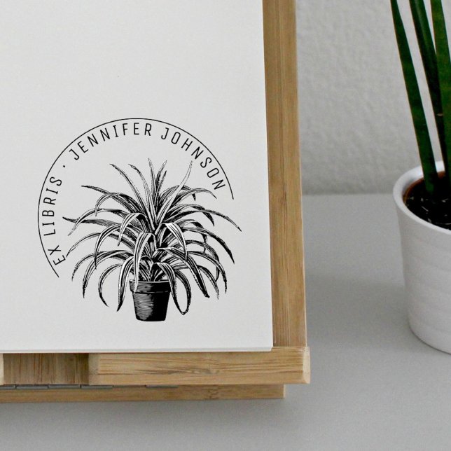Modern Plant Pot Botanical Bibliotek Bokar Ex Libr Självfärgande Stämpel (Skapare uppladdad)