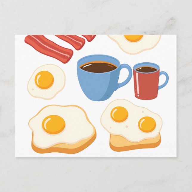 Modern platt design av bacon ägg toast och kaffe vykort (Framsida)