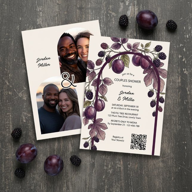Modern Plommon Fikon Båg Höst Par Bröllopsfest Inbjudningar (Fall Couples Shower invitation by Darling & May with your photos, rich purple plums and berries.)