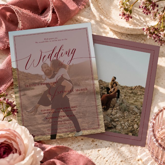 Modern Plum Burgundy Script 2 Foto Bröllop Inbjudningar (Modern Plum Burgundy Script 2 Photo Wedding Invitation)