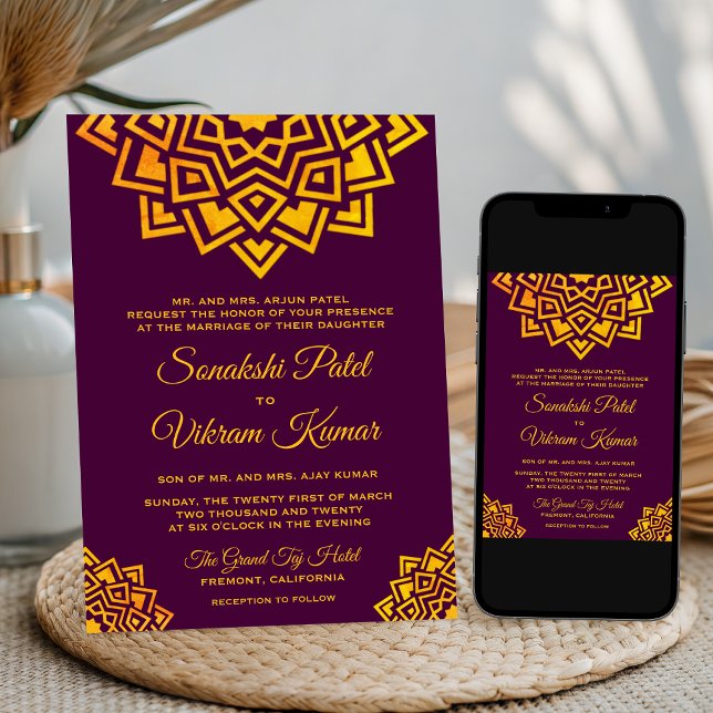 Modern Plum Gold Mandala Indisk Bröllopsinbjudan Inbjudningar (Skapare uppladdad)