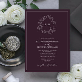 Modern Plum Lila Leafy Vapensköld Monogram Bröllop Inbjudningar