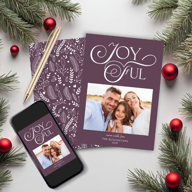 Modern Plum Lila Mönster Glatt Helgdag Photo Julkort (Modern Plum Purple Pattern Joyful Holiday Photo Christmas Card)