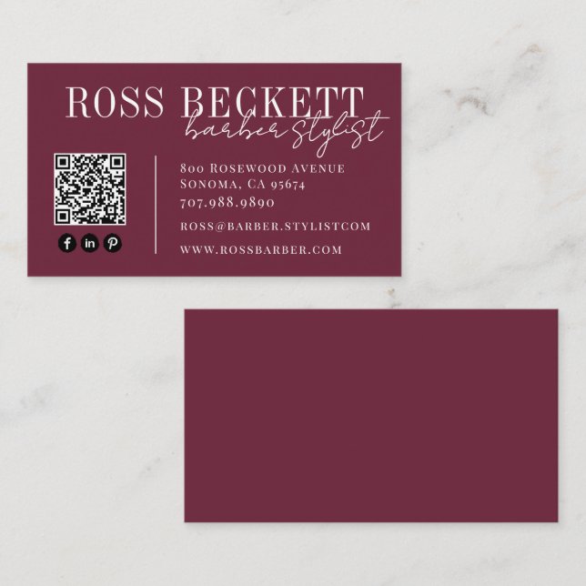 Modern Plum QR-kod Barber Stylist Visitkort (Fram/baksida)