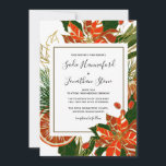 Modern Poinsettia Citrus Guld Winter Wedding Inbjudningar<br><div class="desc">Fet orange-röd poinsettia och orange-skivor är inkapslade i pulserande grönt och guld blad. Den stora grönten lämnar ge utanför en tropisk vibe och även vid helgdag på vintern. Perfektens moderna inbjudan till jul bröllop!</div>