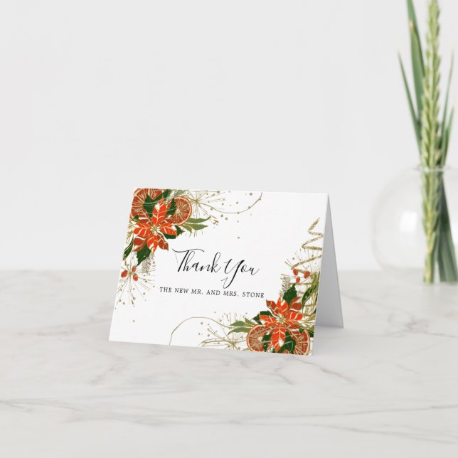 Modern Poinsettia Citrus Winter Wedding Photo Tack Kort (Framsida)