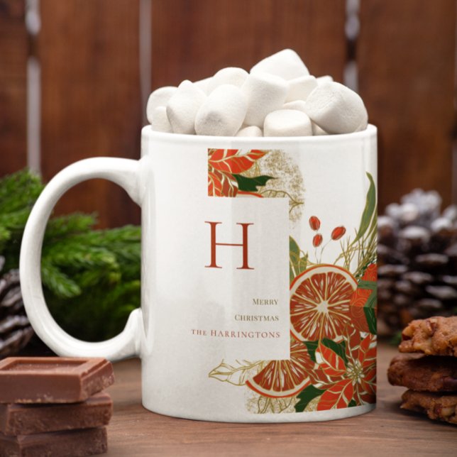 Modern Poinsettia & Grönska | Jul Monogram Kaffemugg (Skapare uppladdad)