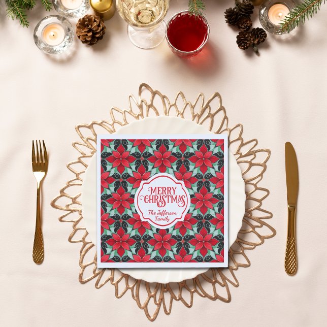 Modern Poinsettia pattern christmas black bg Pappersservett (Skapare uppladdad)