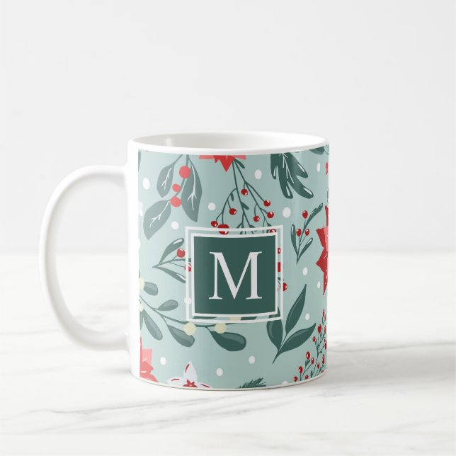 Modern Poinsettias och Berries Blommigt Monogram Kaffemugg (Vänster)