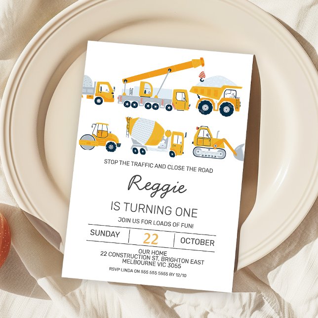 Modern Pojkar Byggfordon Födelsedag Inbjudningar (Editable Construction 1st Birthday Invitation Boy, Any Age Modern Construction Birthday Invite,   )