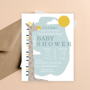 Modern pojke baby shower med giraffe inbjudningar