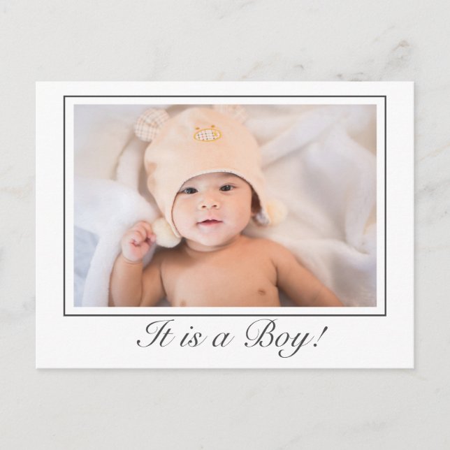 Modern Pojke Birth Foto Announcement Postcard Meddelande Vykort (Framsida)