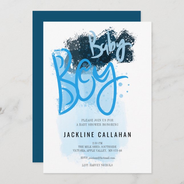 Modern pojke-blåduschinbjudan inbjudningar (Fram/baksida)