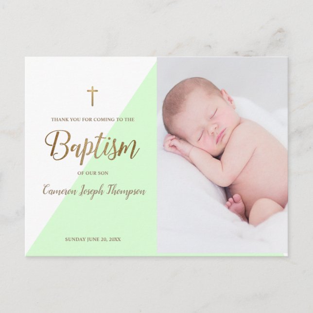 Modern Pojke Grönt Photo Baptism Tack Vykort (Framsida)