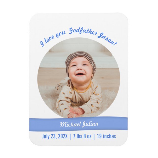 Modern Pojke Photo Birth Announcement Godfather Magnet (Vertikal)