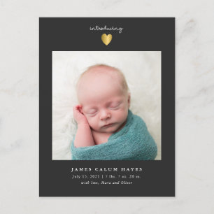 Modern Pojke Photo Guld Heart Birth Meddelande Vykort