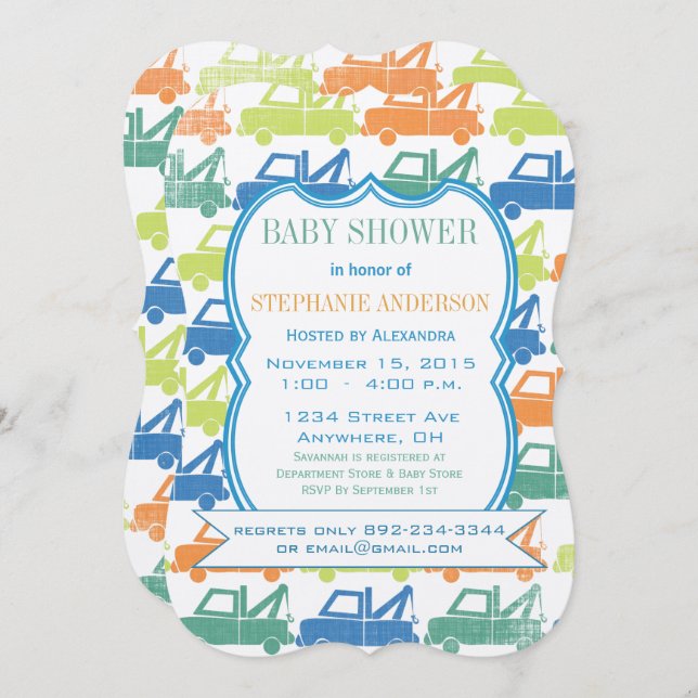 Modern Pojke Tow Lastbil Shower Inbjudningar (Fram/baksida)