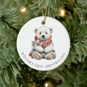 Modern Polar Bear med Red Scarf Round Julgransprydnad Keramik