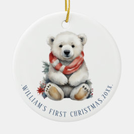 Modern Polar Bear med Red Scarf Round Julgransprydnad Keramik