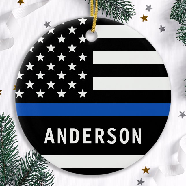 Modern polisman Personlig Thin Blue Line Julgransprydnad Keramik (Skapare uppladdad)