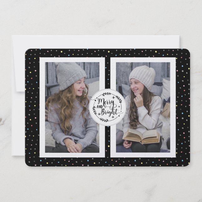 Modern, Polka Dot Two Photo jul Card Black Julkort (Framsida)