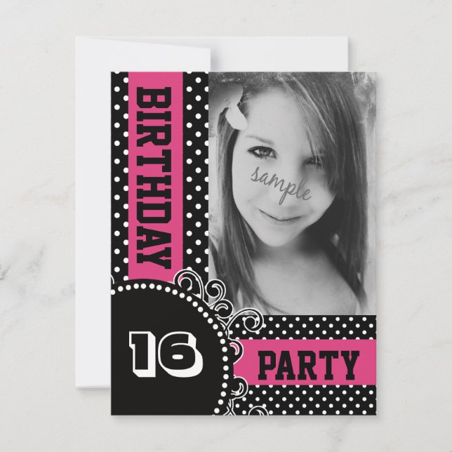 Modern Polka dots Rosa Girl Party med Photo Inbjudningar (Framsida)