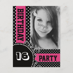Modern Polka dots Rosa Girl Party med Photo Inbjudningar