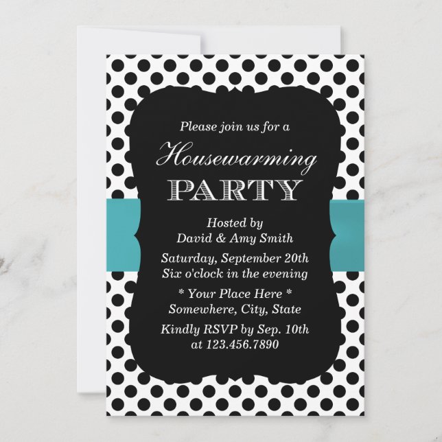 Modern Polka dots Teal Ribbon Houseuppvärmning Par Inbjudningar (Framsida)