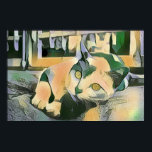 Modern pop Art Calico Kattunge för Cat Lovers Poster<br><div class="desc">Det här är en modern digital illustration av en kalicokattavslappning på en kudde framför vissa fönster i popart stil. Det görs i tecknad bok stil med muterade färg-toner av gult,  grönt och grått.</div>
