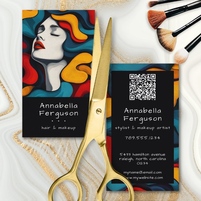 Modern Pop Art Retro Färgglad Hår Makeup QR-kod Visitkort (Modern Pop Art Retro Colorful Hair Makeup QR Code Business Card)