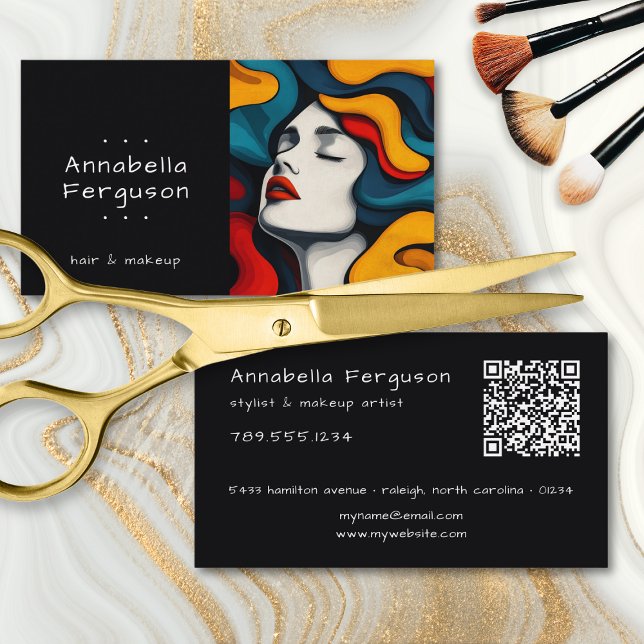 Modern Pop Art Retro Färgglad Hår Makeup QR-kod Visitkort (Modern Pop Art Retro Colorful Hair Makeup QR Code Business Card)