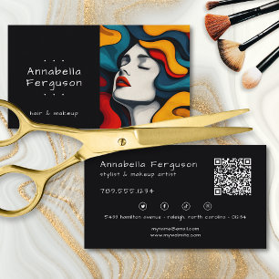 Modern Pop Art Retro Färgglad Hår Makeup QR-kod Visitkort