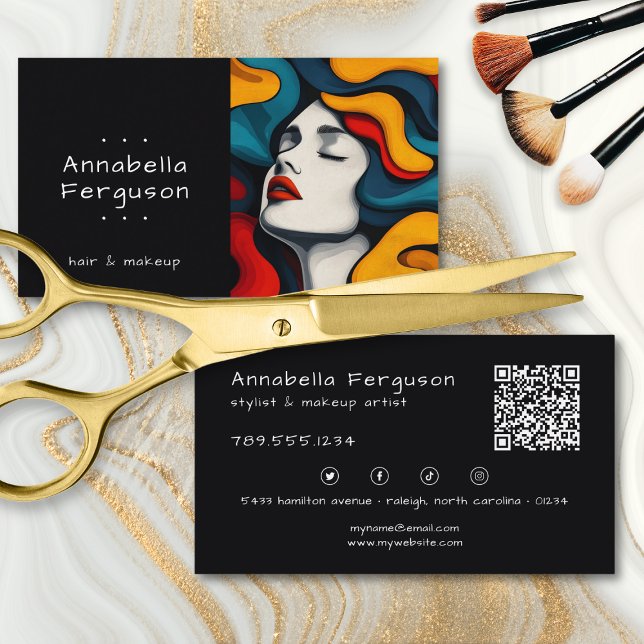 Modern Pop Art Retro Färgglad Hår Makeup QR-kod Visitkort (Skapare uppladdad)