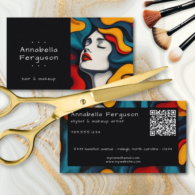 Modern Pop Art Retro Färgglad Hår Makeup QR-kod Visitkort (Modern Pop Art Retro Colorful Hair Makeup QR Code Business Card)